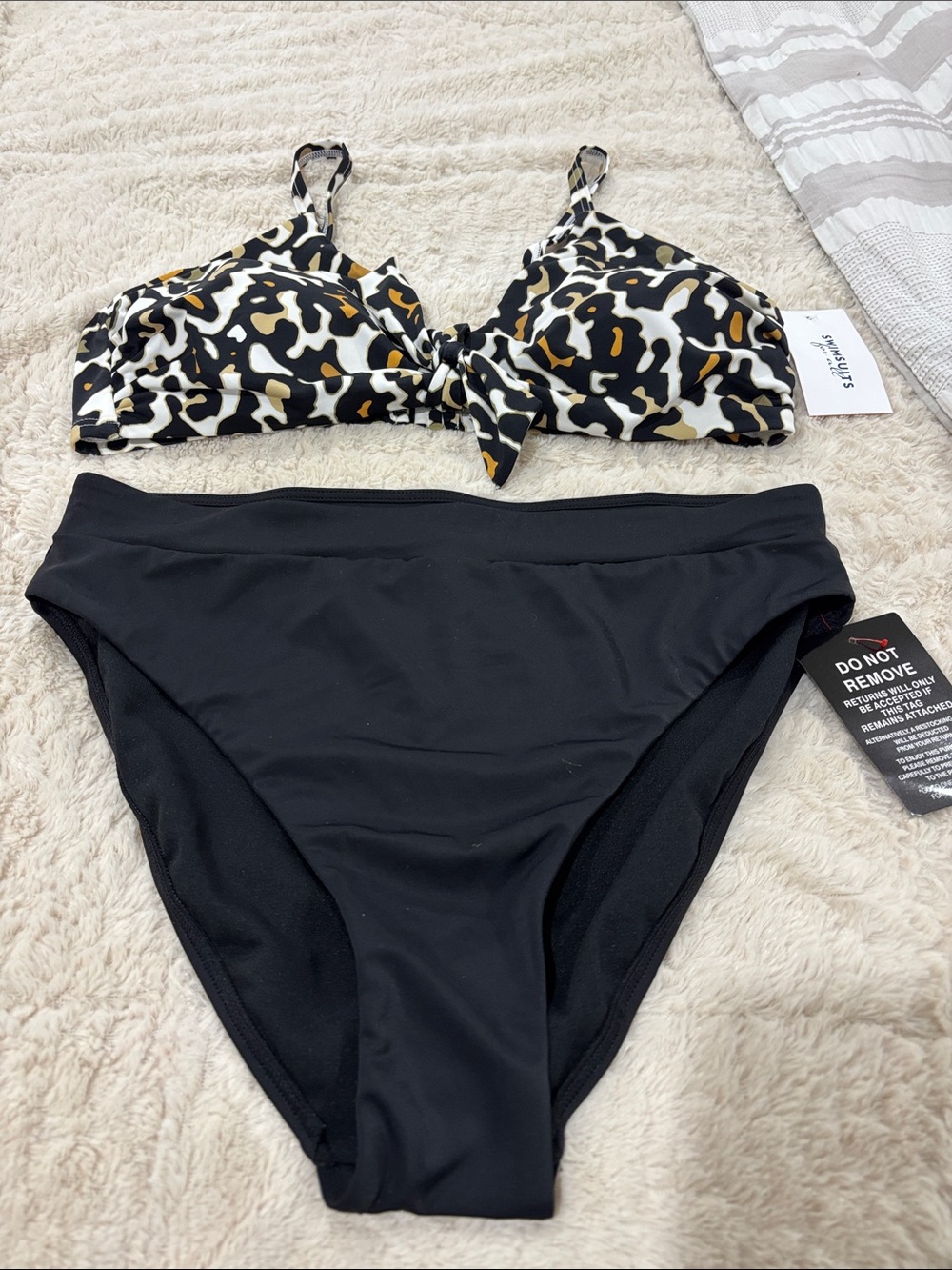 NWT Swimsuits For All Black High-Waist Bikini with Leopard Tie-Front Top Size 14